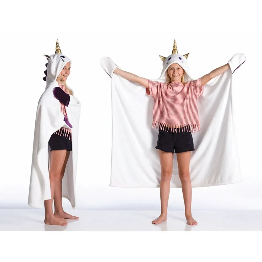 Kanguru Unicorn Fleece Hooded Blanket Wearable Plush Rainbow White Gold Horn